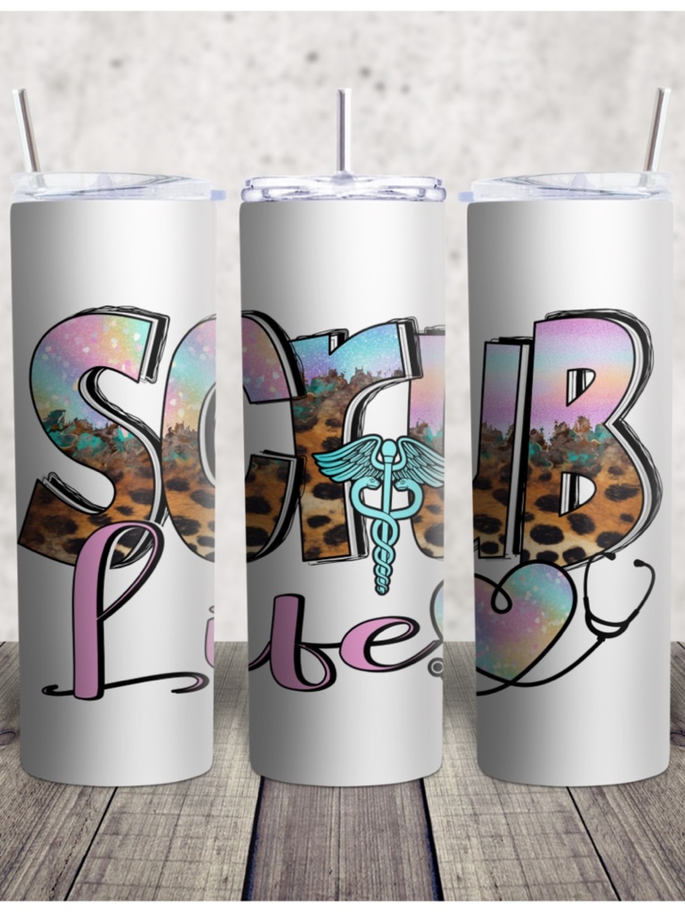 Hand Crafted White Tumbler with Pastel Gradient, Leopard Print & Teal Caduceus